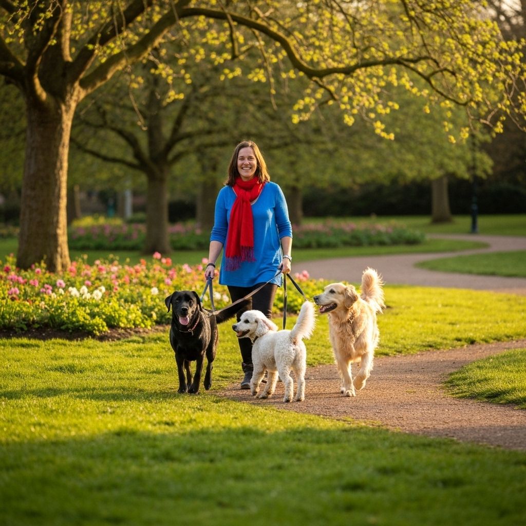 Dog walker with three dogs in a park
